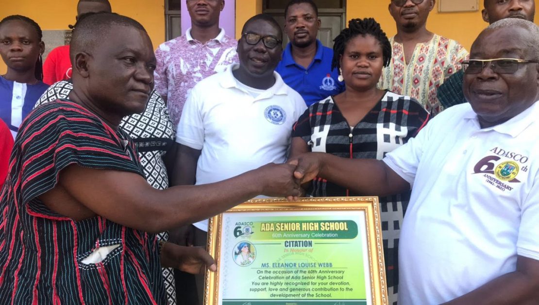 Dr Gabriel Ofoe Canacoo (right) chairman of Webb of Excellence Welfare Fund, receiving the special certificate of honour from Mr Kafui Kojo Ayibor, headmaster of the Ada Senior High School, on behalf of Ms Eleanor Louise Webb, Founder of the Webb of Excellence Welfare Fund.